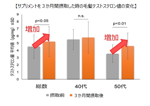 亜鉛酵母(吸収型亜鉛)の継続摂取が加齢により低下した男性ホルモン量を増加させることを確認