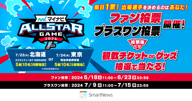 SmartNewsでスマホアプリ初となる、プロ野球「マイナビオールスターゲーム2024」の出場選手を選出する『ファン投票』の受付を5月18日より開始