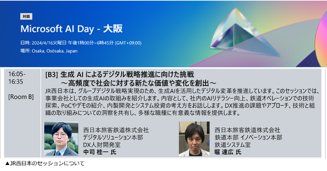 Microsoft AI Dayのセッション「【JR西日本】生成 AI によるデジタル戦略推進に向けた挑戦 ～高頻度で社会に対する新たな価値や変化を創出～」でパートナーとしてご紹介いただきました