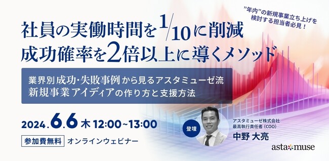 経営企画・新規事業担当者向け無料ウェビナー「工数を1/10に削減し、成功確率を２倍以上に導くメソッド～業界別成功・失敗事例から見る、アスタミューゼ流新規事業アイディアの作り方と支援方法～ 」を開催