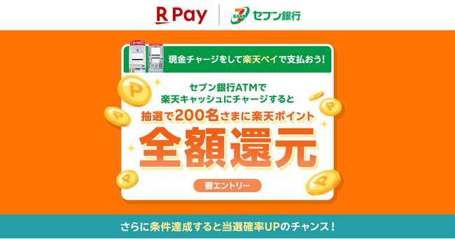 「楽天ペイ」、「セブン銀行ATMでチャージして全額還元のチャンス！」キャンペーンを実施