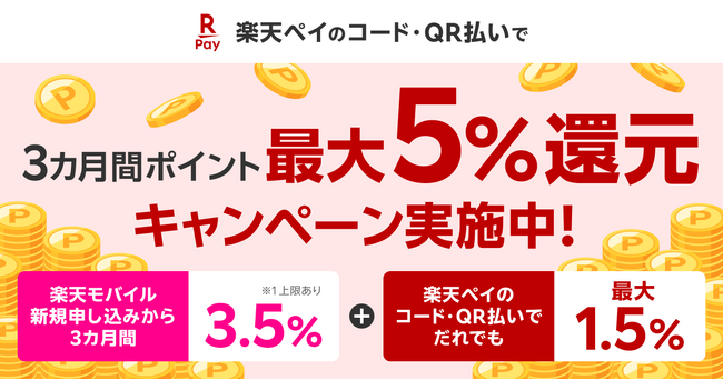 楽天モバイルと楽天ペイメント、楽天モバイルの新規お申し込み者を対象に「楽天ペイ」アプリでのコード決済で最大5%を還元するキャンペーンを開始