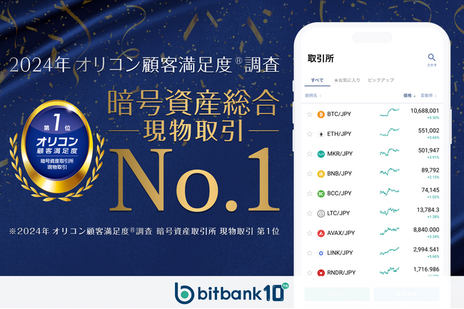 【暗号資産取引ならビットバンク】2024年 オリコン顧客満足度(R)ランキング「暗号資産取引所 現物取引」において、総合第１位を獲得