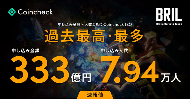 ブリリアンクリプトトークン（BRIL）、Coincheck IEO過去最高の申し込み金額333億円、最多の申し込み人数7.94万人を記録[速報値]