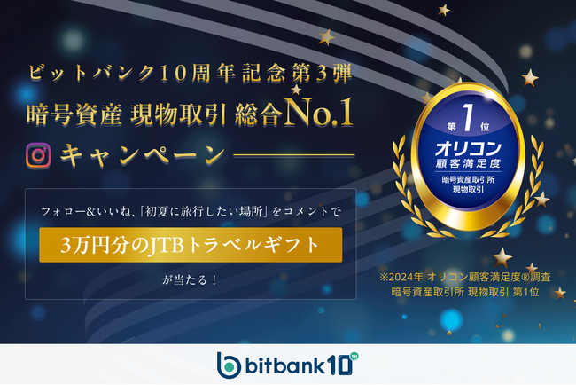 【暗号資産取引ならビットバンク】3万円分のJTBトラベルギフトが当たる！「ビットバンク10周年記念第3弾！暗号資産 現物取引 総合No.1獲得記念キャンペーン」を開催