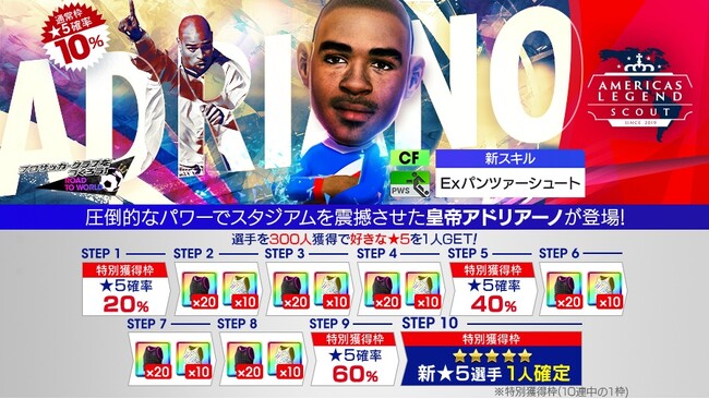 『プロサッカークラブをつくろう! ロード・トゥ・ワールド』レジェンド「アドリアーノ」をはじめとしたスーパースターが新★5選手として登場する“Americas LEGEND SCOUT”開催！