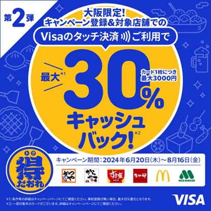 「大阪エリア振興プロジェクト」の一環として『大阪限定Visaのタッチ決済キャッシュバックキャンペーン第2弾』をファストフード店で6月20日より開始