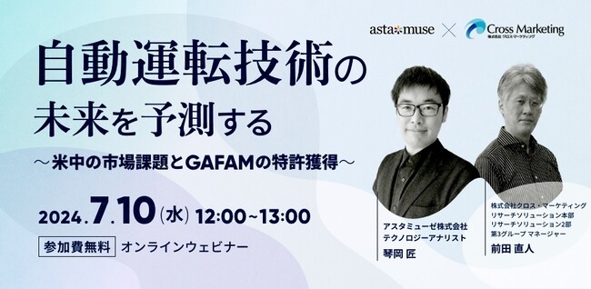 【クロス・マーケティングxアスタミューゼ共催セミナー】自動運転技術の未来を予測する ～米中の市場課題とGAFAMの特許獲得～