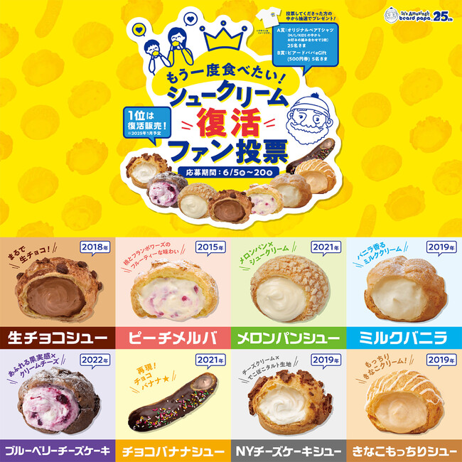 ビアードパパ25周年記念【シュークリーム復活ファン投票】栄えある第1位は！？16,940票の投票の末、復活販売商品が決定！！