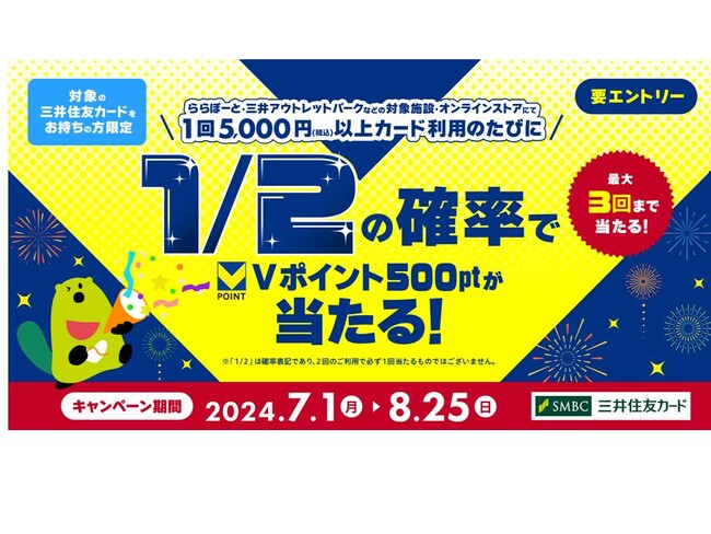 三井住友カード、ららぽーと・三井アウトレットパークなどの対象施設で1回5,000円以上のご利用のたびに、1/2の確率でVポイント500ptが当たるキャンペーンを開催