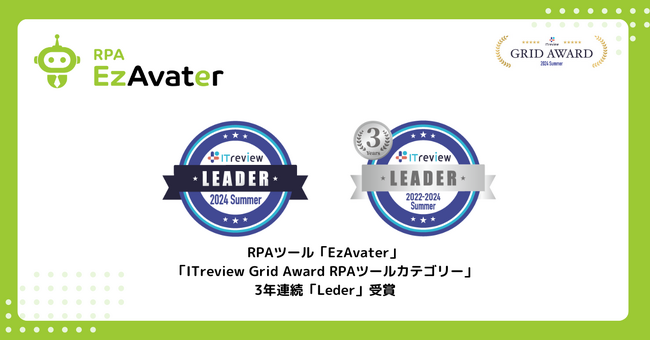 RPAツール「EzAvater」が「ITreview Grid Award 2024 Summer RPAツールカテゴリー」で3年連続で「LEADER」を受賞しました！