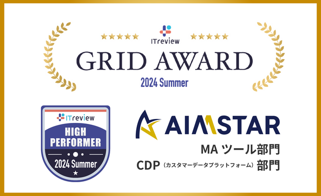 ITreview Grid Award 2024 Summerの「MAツール部門」「CDP（カスタマーデータプラットフォーム）部門」でAIMSTARが「High Performer」を受賞
