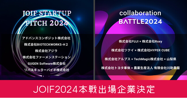 出場6社、出場4チーム決定！スタートアップ企業の発信の場「JOIF STARTUP PITCH 2024」共創企業が成果をプレゼンで競う「COLLABORATION BATTLE 2024」