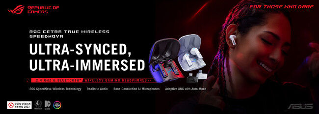 ASUSのゲーミングブランドROGより低遅延ROG SpeedNovaワイヤレステクノロジー、骨伝導AIマイク搭載「ROG Cetra True Wireless SpeedNova」を発表