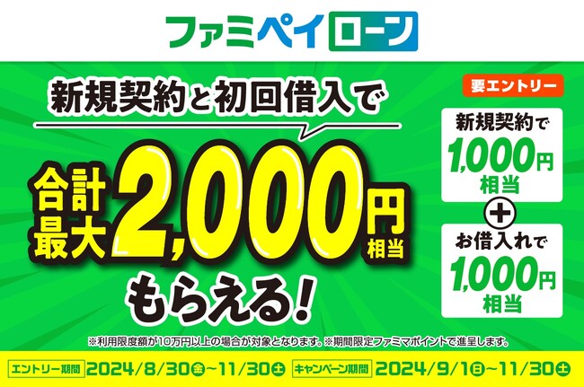 ファミペイローンの新規契約と初回借入で合計最大2,000円相当のファミマポイントがもらえるキャンペーンを開催！