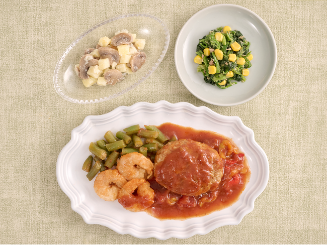 ボリューム満点のメニューが遂に登場！酸味とコクが絶妙なトマトデミソースをたっぷり使用した「ハンバーグ＆小海老フライの大人様ランチ」がナッシュから新発売