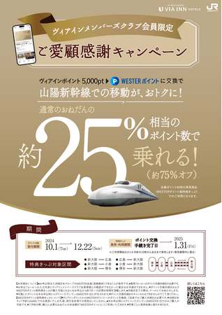【(株)JR西日本ヴィアイン】ヴィアインメンバーズクラブ会員限定 ご愛顧感謝キャンペーン　山陽新幹線に通常のおねだんの約25％相当のポイント数で乗れる！