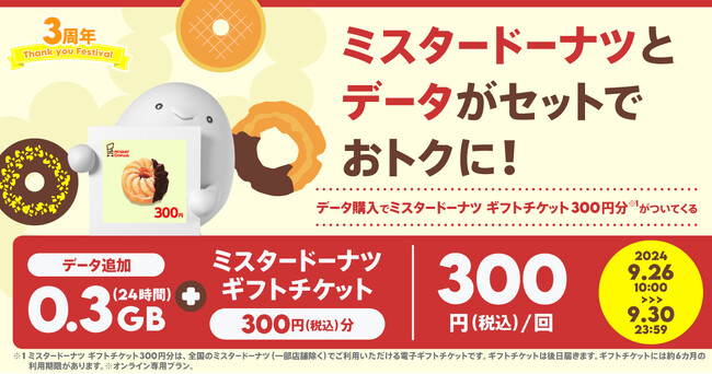 povo、ミスタードーナツ300円分のトッピング提供と、最大33GBデータ増量キャンペーン実施