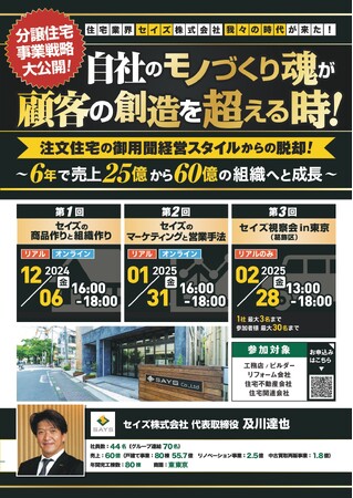 2024年12月6日（金）「セイズ株式会社～分譲住宅事業戦略大公開！自社のモノづくり魂が顧客の創造を超える時　注文住宅の御用聞経営スタイルからの脱却！」開催決定！