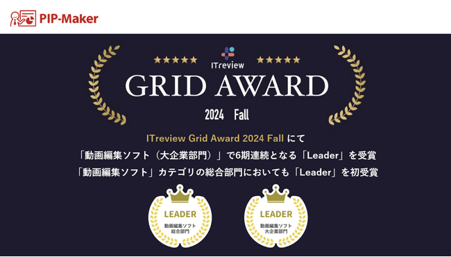 『PIP-Maker』、ITreview Grid Award 2024 Fallの「動画編集ソフト（大企業部門）」で6期連続となる『Leader』を受賞。