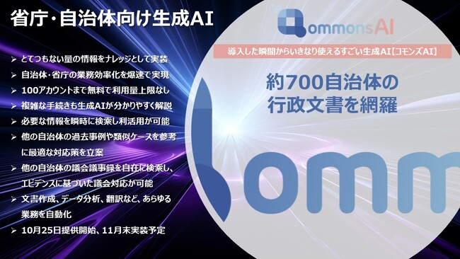 導入した瞬間からいきなり使えるすごい生成AI【コモンズAI】がとてつもない量の情報をナレッジとして実装！約700の自治体の行政文書を網羅し、省庁や自治体の職員は爆速で業務効率化を実現！