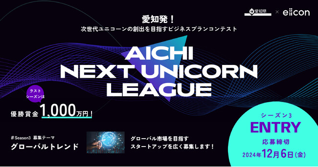 【愛知県 × eiicon】優勝者は賞金1,000万円！『AICHI NEXT UNICORN LEAGUE』シーズン3 今年度ラストシーズンは「グローバル市場を目指すビジネスプラン」を全国から募集！