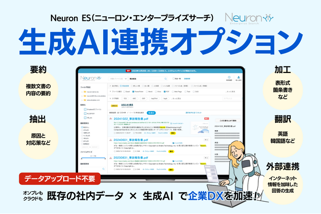 エンタープライズサーチ「Neuron ES」の生成AI連携オプションを提供開始