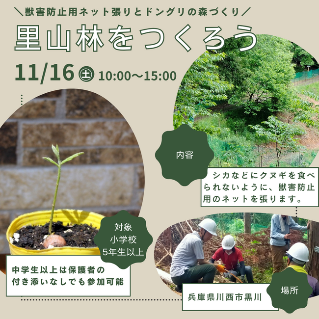 里山林をつくろう~獣害防止用ネット張りとドングリの森づくり~<兵庫県川西市>