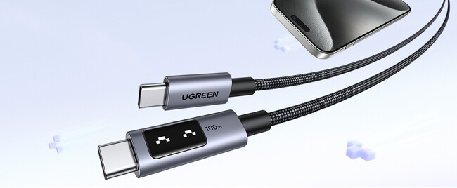 UGREEN Uno USB-C&USB-C PD急速充電ケーブル 100W | 液晶画面に表示されるロボットの笑顔に遊び心のあるケーブル
