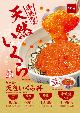 【なか卯】今年もなか卯の「天然いくら丼」を販売！昨年、たっぷりのいくらを盛り付けた“豪快盛”がSNSで話題に！
