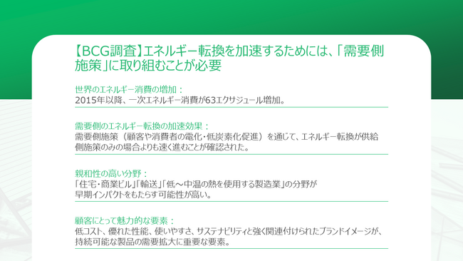 【BCG調査】エネルギー転換を加速するためには、「需要側施策」に取り組むことが必要