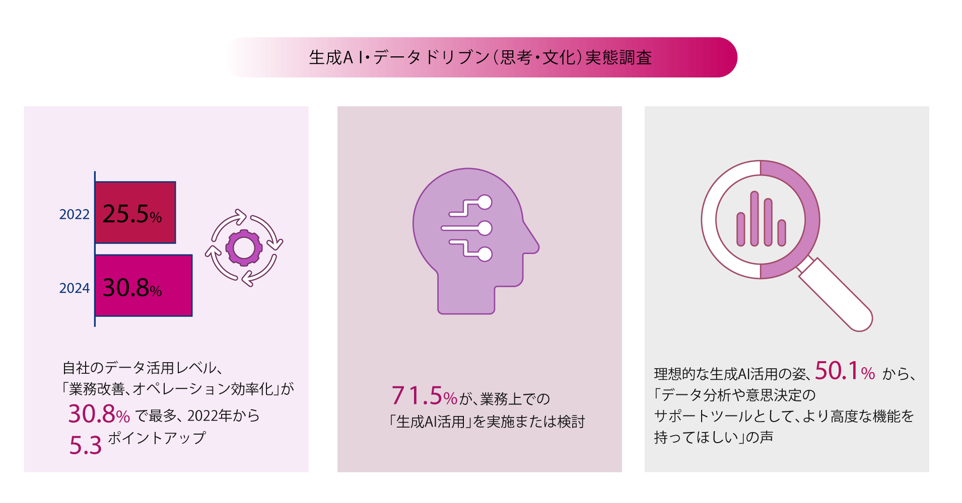 【2024年最新｜企業のデータ活用の実態を調査】 売上高100億円以上の企業のデータ活用レベル、「業務改善、オペレーション効率化」が30.8%で、昨年比5.3ポイント上昇の結果に