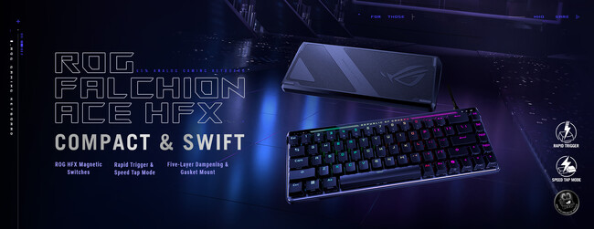 ASUSのゲーミングブランドROGで初のラピッドトリガー機能やスピードタップモードを搭載したコンパクトな65%レイアウトのゲーミングキーボード「ROG Falchion Ace HFX」を発表