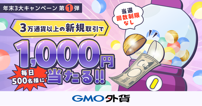 GMO外貨、FX取引で「抽選で毎日500名様に！1,000円キャッシュバック祭！」を実施
