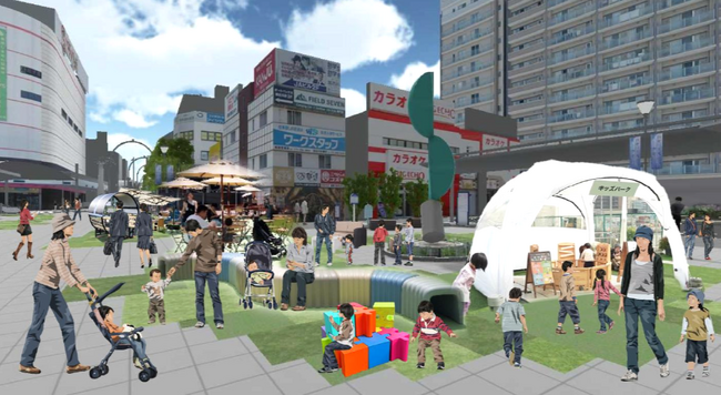 JR加古川駅南広場に人工芝とストリートファニチャーが登場 12月26日(木)までの期間限定