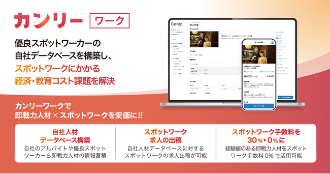 【スポットワーク手数料を削減】カンリーが店舗運営の即戦力人材のデータベース構築とスポットワークの内製化を実現する『カンリーワーク』を11月13日（水）より提供開始
