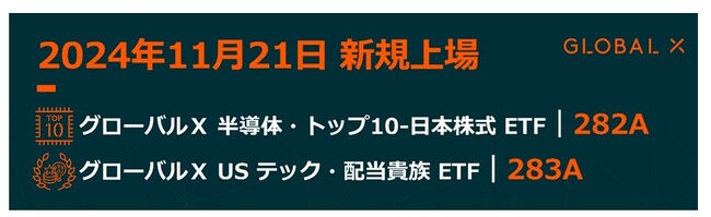 Global X Japan株式会社　「グローバルX 半導体・トップ10-日本株式ETF」【282A】「グローバルX USテック・配当貴族ETF」【283A】　東京証券取引所に新規上場