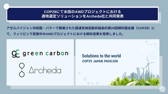 Green Carbon株式会社は、COP29にて水田のAWDプロジェクトにおける適地選定ソリューションをArcheda社と共同発表