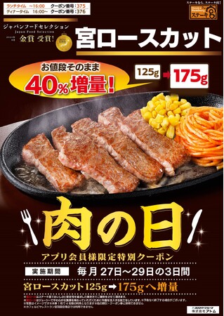 ステーキ宮の11月肉の日年に一度の「いい肉の日!」お値段そのまま!宮ロースカット40%増量