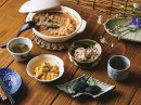 東洲斎写楽を招いた日のメニュー。「鰯の鮓煮」「こんにゃく白和え」「小竹葉豆腐」「奈良漬」「昆布酒」