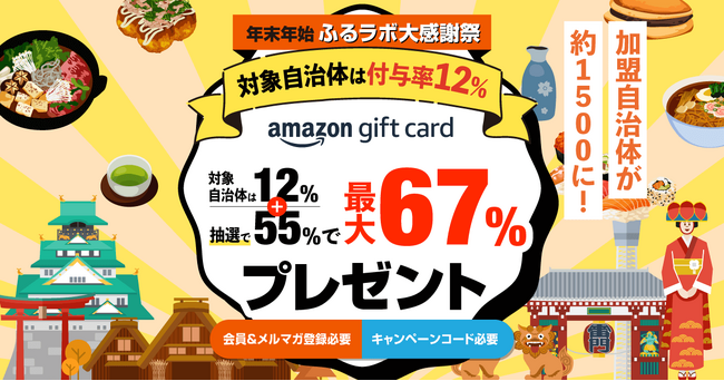 ふるさと納税サイト「ふるラボ」で、抽選で寄付額の最大67％分のAmazonギフトカードをプレゼント！