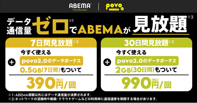 povo、「ABEMA」のデータ使い放題プランを提供開始