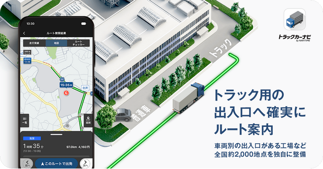 『トラックカーナビ』物流施設等のトラック向け出入口を考慮したルート案内が可能に