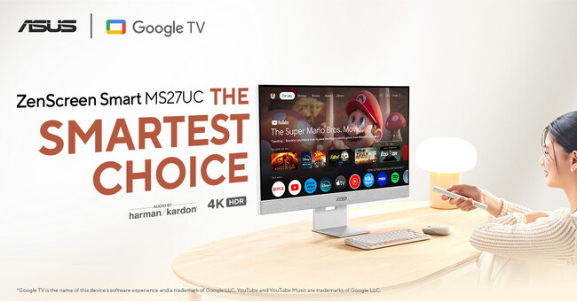 ASUSより、4K解像度、27インチIPSパネル、Google TV搭載、Harman Kardon認定スピーカー、USB-C、HDMI、DisplayPort接続のスマートモニターを発表