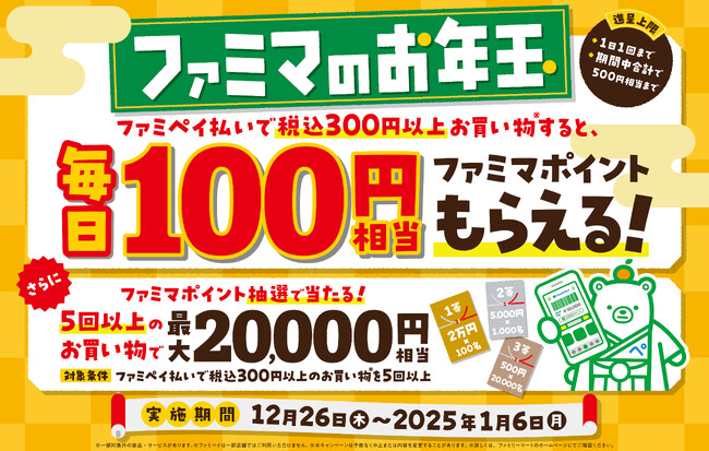 【ファミマのお年玉】毎日100円相当のポイントがもらえる！ファミマのアプリ「ファミペイ」で年末年始をおトクに！Wチャンス!!期間中5回以上のお買い物で最大2万円相当ポイントが当たる！