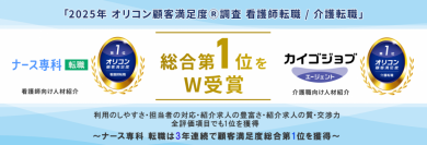 ナース専科 転職とカイゴジョブエージェント、「2025年 オリコン顧客満足度Ⓡ調査」で総合第1位をW受賞。利用のしやすさ・担当者の対応・紹介求人の豊富さ・紹介求人の質・交渉力の全評価項目でも1位を獲得