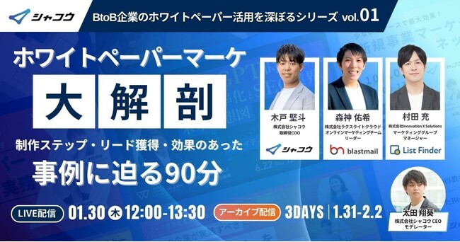【 1/30（木）開催 】ホワイトペーパーマーケ大解剖 Vol1 制作ステップ・リード獲得・効果のあった事例に迫る90分