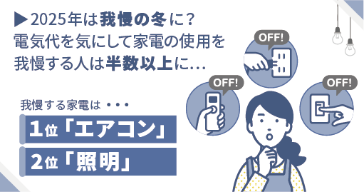 2025年は我慢の冬に？電気代を気にして家電の使用を我慢する人は半数以上。我慢する家電は１位「エアコン」２位「照明」