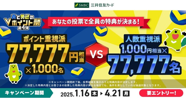 三井住友カード　「青と黄色のＶポイント祭　第4弾 あなたの投票で全員の特典が決まる！」を開催中