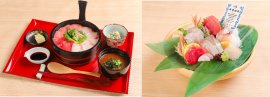「近大サラブレッド魚と近大マグロの紅白手桶寿司」(左)、「近大マグロと近大卒の魚 お造り盛り合わせ」(右) 「近大サラブレッド魚と近大マグロの紅白手桶寿司」(左)、「近大マグロと近大卒の魚 お造り盛り合わせ」(右)